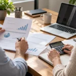 Deux adultes vus de dos examinent des documents et utilisent une calculatrice dans un bureau ; illustration générée par IA.