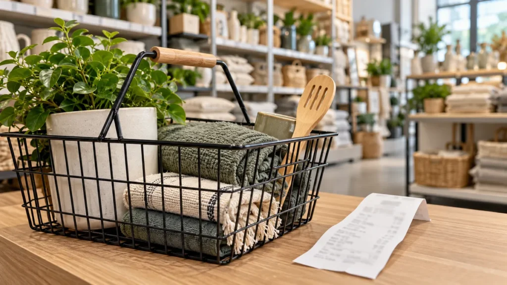 Panier d’articles de décoration génériques avec reçu illisible dans un magasin fictif ; illustration générée par IA.