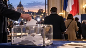 Urne transparente dans un bureau de vote parisien, avec des électeurs vus de dos – image d’illustration générée par IA.
