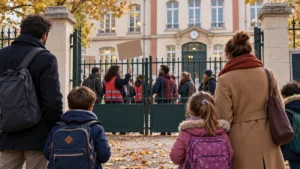 Parents et élèves devant le portail d’une école parisienne lors d’une grève – image d’illustration générée par IA.