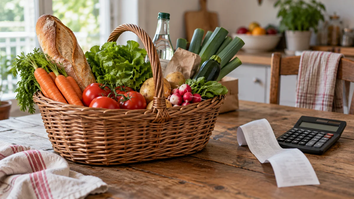 Panier de courses et calculatrice sur une table, illustration générée par IA