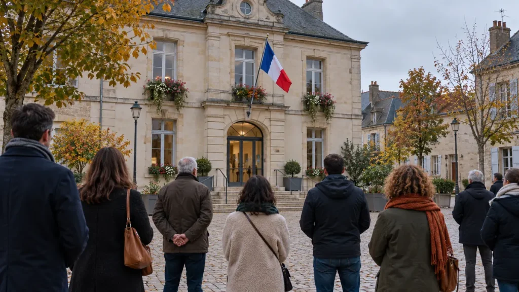 Quelques personnes anonymes vues de dos devant une mairie fictive et un drapeau français ; illustration générée par IA.