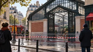 Pompiers et barrières devant le marché des Enfants-Rouges à Paris après l’incendie – image d’illustration générée par IA.