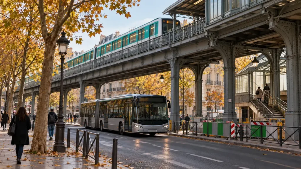 Bus générique sous un viaduc de métro dans une rue parisienne fictive ; illustration générée par IA.