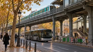 Bus générique sous un viaduc de métro dans une rue parisienne fictive ; illustration générée par IA.