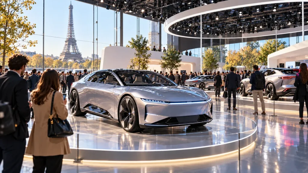 Voiture électrique exposée dans un salon automobile parisien – image d’illustration générée par IA.