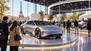 Voiture électrique exposée dans un salon automobile parisien – image d’illustration générée par IA.