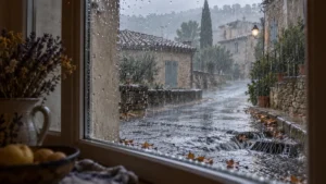 Rue d’un village fictif du sud de la France observée depuis une fenêtre sous une forte pluie ; illustration générée par IA.