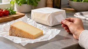 Portion de fromage générique et étiquette, illustration IA sans correspondance avec le produit rappelé