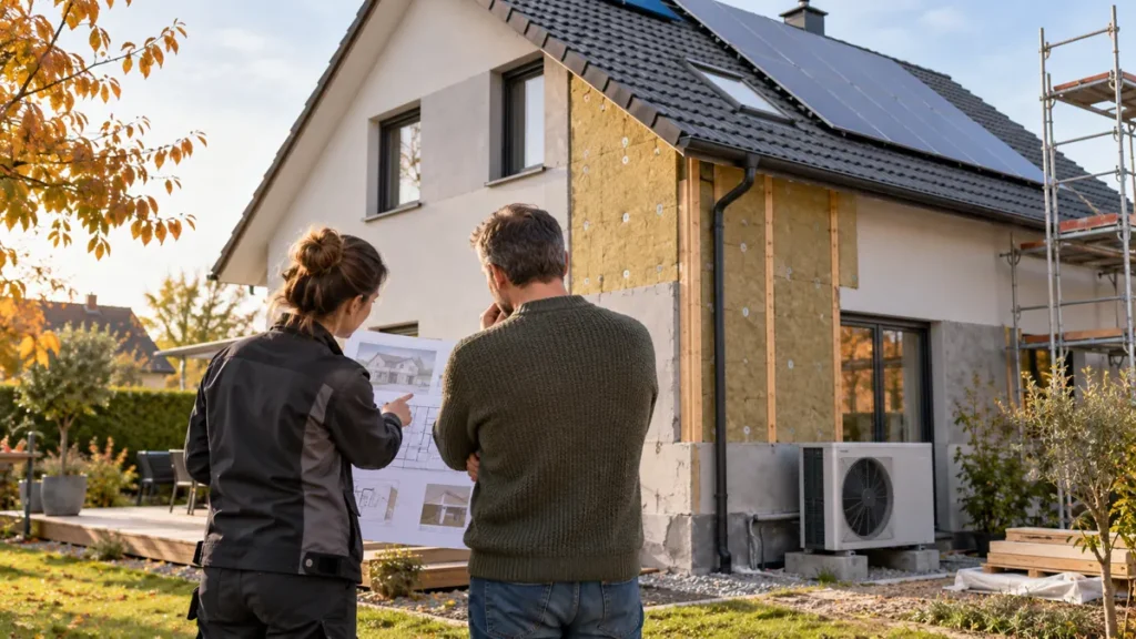Deux adultes étudient un plan devant une maison en rénovation avec panneaux solaires et pompe à chaleur ; illustration générée par IA.