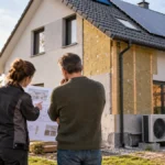Deux adultes étudient un plan devant une maison en rénovation avec panneaux solaires et pompe à chaleur ; illustration générée par IA.