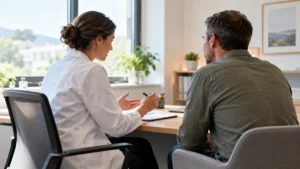 Un professionnel de santé et un adulte discutent dans un cabinet de consultation ; scène fictive générée par IA.