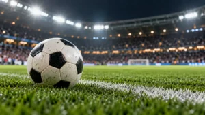 Ballon sur une pelouse dans un stade fictif éclairé ; illustration générée par IA, sans lien documentaire avec Strasbourg–PSG.