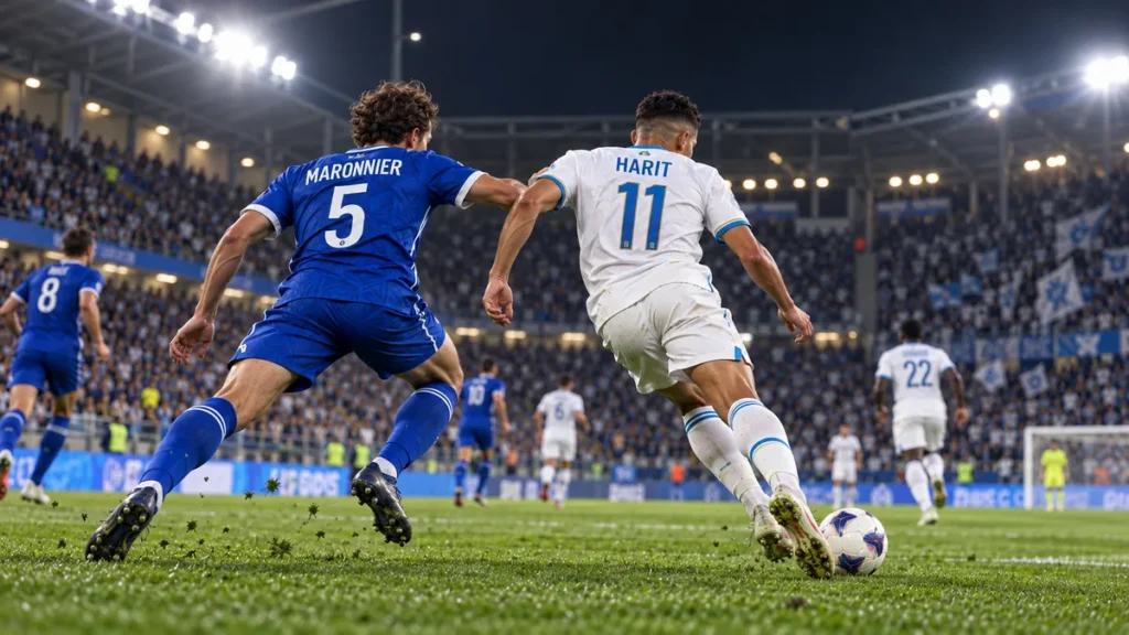 Joueurs de Troyes et de Marseille vus de dos pendant une action au stade, avec les noms Maronnier et Harit – reconstitution générée par IA, pas une photo du match.