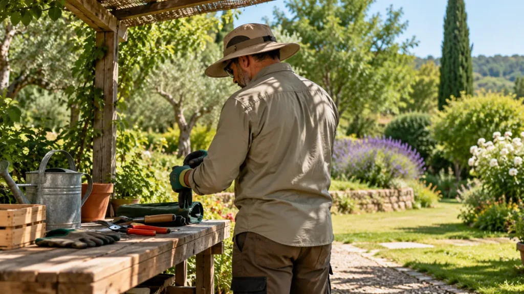Jardinier fictif portant des vêtements couvrants sous un abri, illustration générée par IA