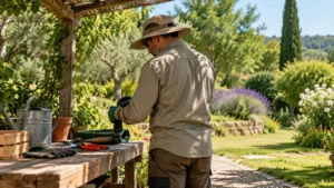 Jardinier fictif portant des vêtements couvrants sous un abri, illustration générée par IA