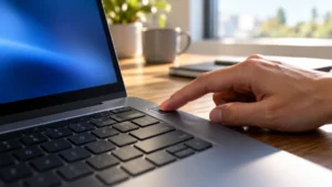 Main utilisant le lecteur d’empreinte d’un ordinateur générique, illustration générée par IA