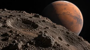 Vue d’artiste IA d’un sol rocheux inspiré de Phobos et de Mars dans le ciel.