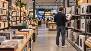 Illustration IA d’un espace de vente de livres et de produits électroniques.