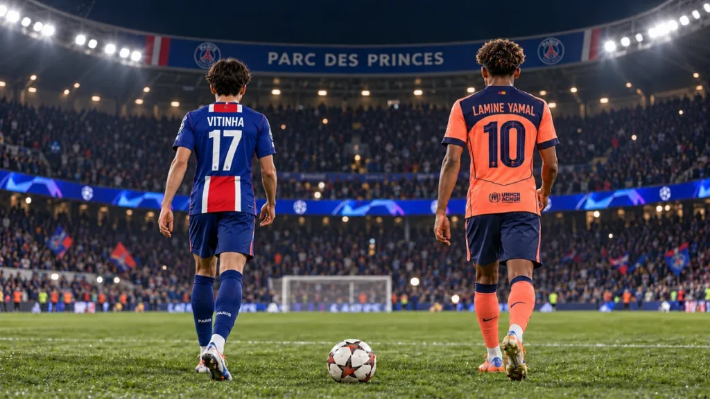 Illustration IA de Vitinha 17 et Lamine Yamal 10 vus de dos au Parc des Princes, tenues bleue rouge et corail marine.