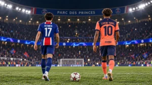 Illustration IA de Vitinha 17 et Lamine Yamal 10 vus de dos au Parc des Princes, tenues bleue rouge et corail marine.