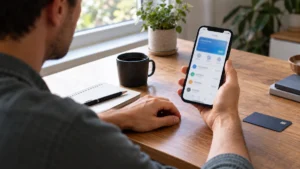 Illustration IA d’une personne tenant un téléphone et consultant une application bancaire générique.